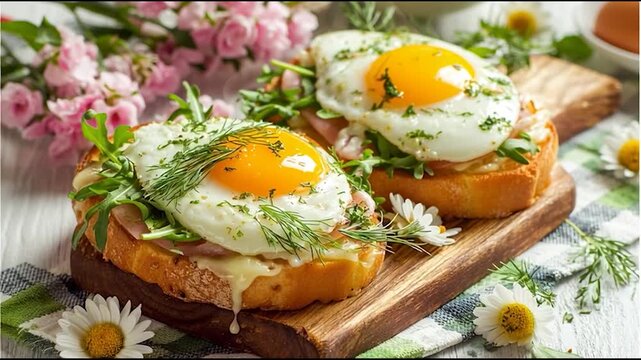 Two open-faced sandwiches with fried eggs, greens, and herbs on toasted bread, served on a rustic wooden board with flowers as decoration.
