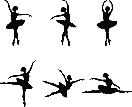Collection of black silhouettes showing a graceful ballerina in various classical ballet dance poses.
