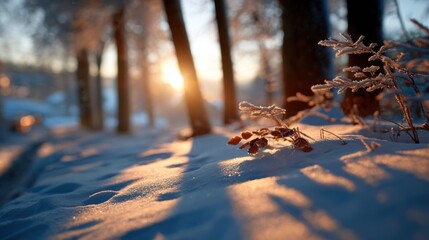 Sunlight Filtering Through Frosted Tree Branches During Winter Sunrise