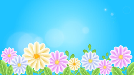 Pastel flowers and green leaves bloom under a bright blue sky. Ideal for nature, gardening, or spring inspired design projects. Vibrant and refreshing floral scenery.