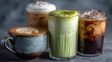 Assorted coffee beverages including latte, matcha, and iced coffee displayed beautifully together closeup view.