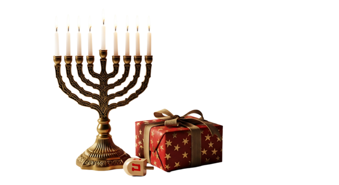 Hanukkah Menorah with Lit Candles and Gift Box on Transparent Background
