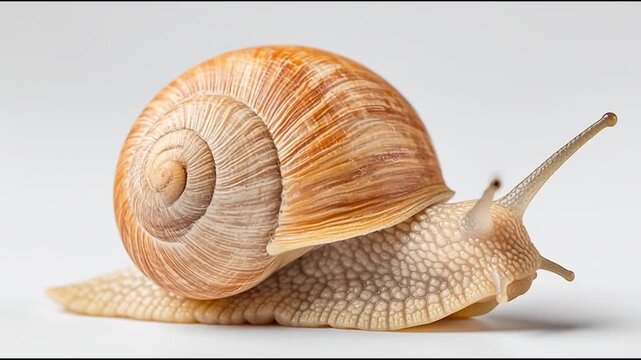 A close-up view of a brown snail with a textured shell moving on a smooth white surface.