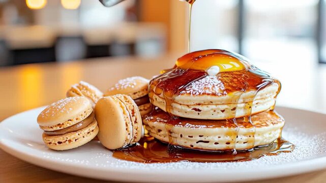 Fluffy pancake stack topped with syrup and butter served with creamy macaron dessert sweet breakfast delight white plate cozy