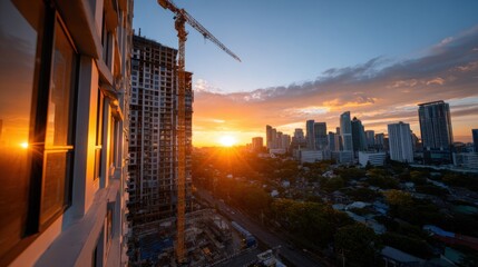 Wide Shot of High-Rise Building Skeleton at Sunset in Urban Area