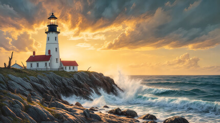 Dramatic lighthouse on rocky coastline during golden sunset with crashing waves