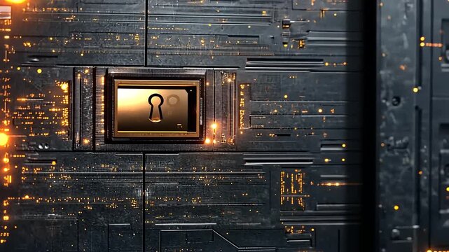 Futuristic lock embedded in a high-tech wall, illuminated by glowing particles, suggesting security