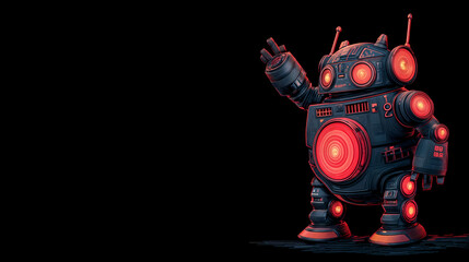 Obraz premium Retro robot with glowing red lights on black background in vintage style