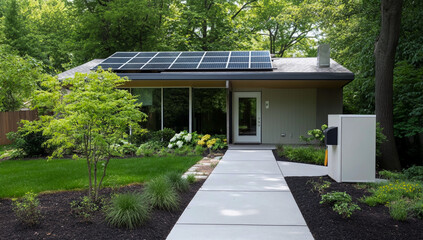 Naklejka premium A modern house with solar panels on the roof, surrounded by lush greenery and tall plants, captured from the front view, is an example of eco-friendly architecture.