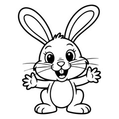Obraz premium Cartoon rabbit with outstretched arms, smiling, and large ears, presented in a black and white line drawing.