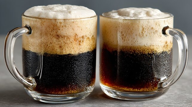 Two frosty mugs of dark frothy root beer with condensation sit side by side on a neutral surface today.