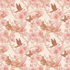 seamless pattern with birds and flowers