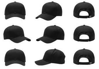 Black baseball cap mockup different views isolated on transparent background