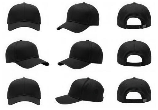 Black baseball cap mockup different views isolated on transparent background