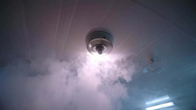 Smoke is activating a fire sprinkler system and triggering the alarm during a fire emergency, ensuring safety and preventing further damage