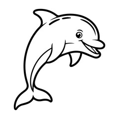Fototapeta premium Cartoon illustration of a smiling dolphin leaping upwards, outlined in black on a white background.