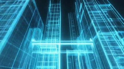Explore a captivating digital city skyline with glowing blue wireframe skyscrapers against a dark backdrop, symbolizing innovation and future technology. - Powered by Adobe