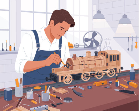 Focused Craftsman Meticulously Detailing Vintage Wooden Model Train Engine vector illustration