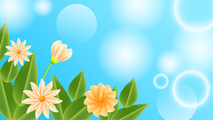 Peach flowers, green leaves on blue background. Perfect for spring themed designs, greeting cards, invitations, and botanical illustrations.