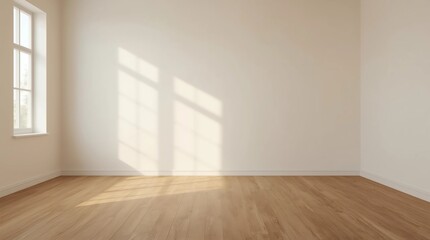 Fototapeta premium Mock-up of white empty room and wood laminate floor with sun light cast the shadow on the wall,Perspective of minimal inteior design on nature background. 3D rendering