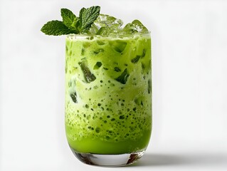 Refreshing iced matcha latte beverage in a clear glass garnished with fresh mint on a plain white background.
