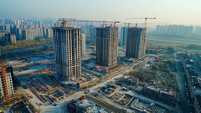 Construction site featuring multiple high-rise buildings under development with cranes and machinery