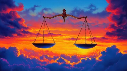 Sunset scales of justice, fiery sky, legal concept, balance