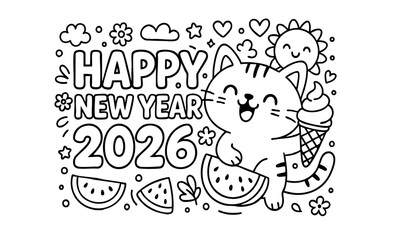 Happy New Year 2026 Coloring Page with Cute Cat, Watermelon, and Ice Cream