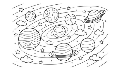 Vector black and white planets set for children. Outline illustration Earth, Sun, Moon, Venus, Mars, Jupiter, Mercury, Saturn, Neptune. Book coloring page for kids.. © narastockimages