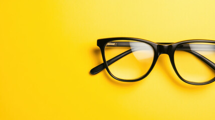 Black eyeglasses with transparent lenses on bright yellow background create sharp and modern visual contrast