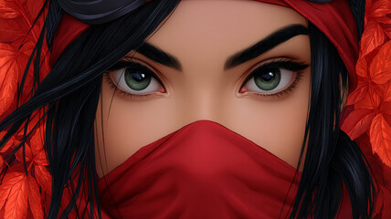 Naklejka premium A womans captivating green eyes framed by red leaves