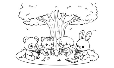 Coloring Page Animals Reading Books 