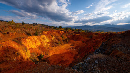 Obraz premium Aerial view of expansive copper mine showcasing vibrant orange hues under dramatic sky, evoking sense of wonder and scale