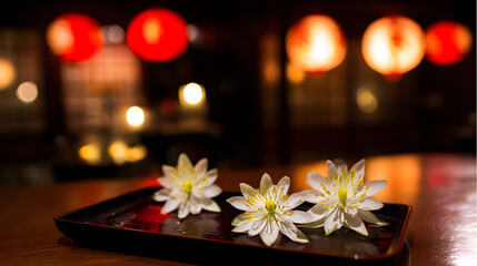 Fototapeta premium White lotus flowers on dark tray, candlelit with blurred red lanterns in background.