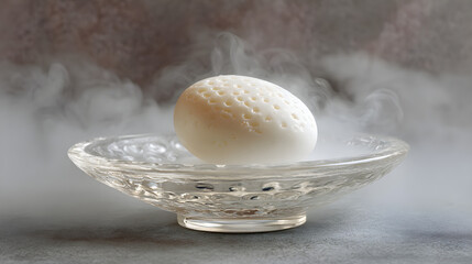 Textured White Egg-Shaped Object with Smoke in Glass Bowl