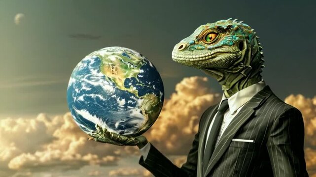 Lizard Person in suit with a model of the Earth, Lizard People conspiracy theory, artist's impression.