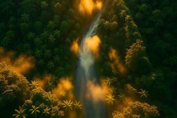 Stunning views, lush green tropical forests, rivers, golden hour lighting, sunlight breaking through the fog, cinematic look, sparkling colors, blurred lines.