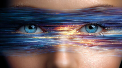 Closeup of a womans blue eyes with digital glitch effect