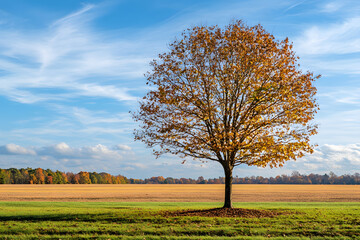 Fototapeta premium a lone tree in a field with a blue sky
