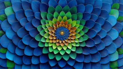 A vibrant blue and green flower with a symmetrical pattern