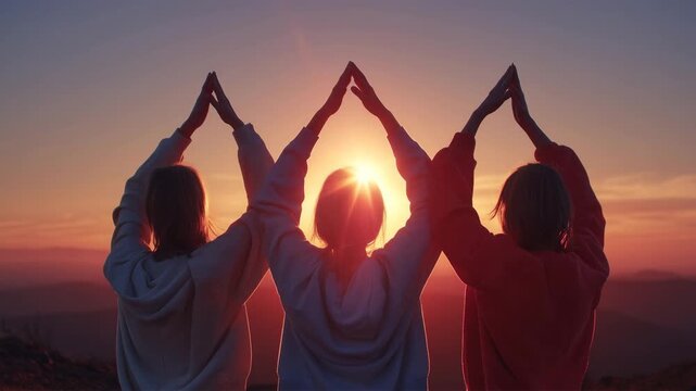 三人が夕焼けを背景に手を重ねるシルエット
