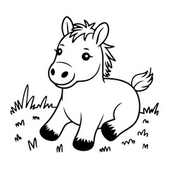 Fototapeta premium Adorable cartoon foal sitting peacefully in the grass.
