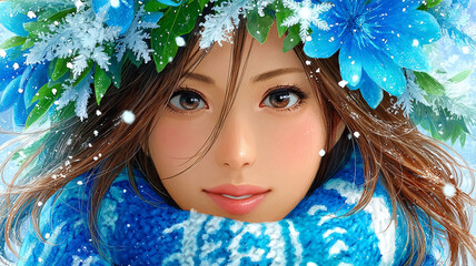 Woman in winter with blue flower wreath and scarf