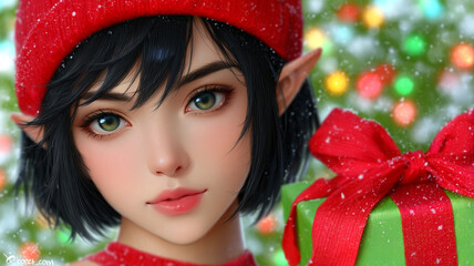A cute elf girl with a christmas gift and festive lights