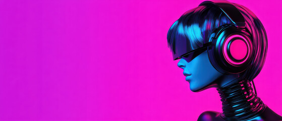 Futuristic robotic figure with glowing neon lights wearing headphones and sunglasses, set against vibrant pink background