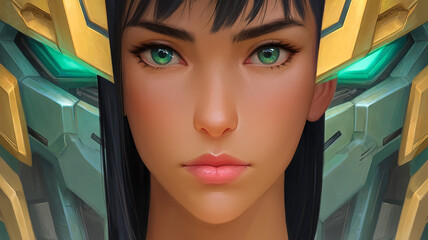 A cyberpunk woman with glowing green eyes and robotic elements