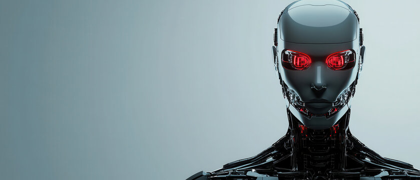 Futuristic robotic figure with glowing red eyes and sleek black metallic body stands against soft gray background - Powered by Adobe