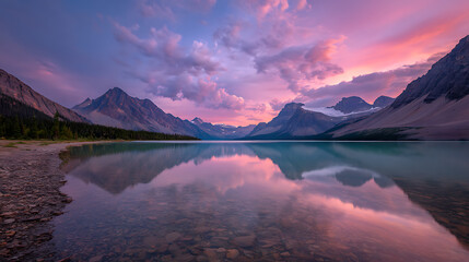 Glacier Lake Reflections At Dusk With Pink And Blue Sky For Atmosphere Or Scenic Backgrounds
