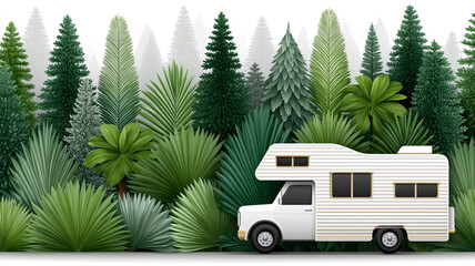 White rv campervan parked amidst lush green forest foliage