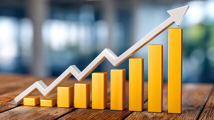 Upward trending bar chart with arrow indicating financial growth